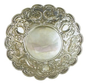 ASIAN: Sterling silver serving dish with repousse fish design, round shallow dish with wide rim