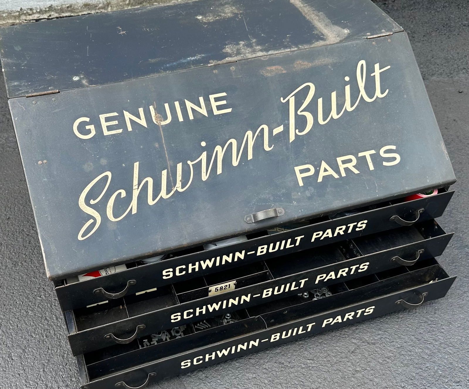 Schwinn bicycle dealers parts counter cabinet, three drawers with separators, 26 x 19 x 16 high,