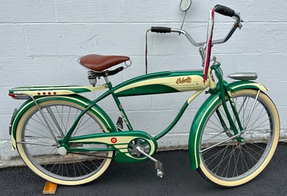 Columbia 26 inch bicycle, 1950’s era, green, tank type horn, lights, etc, 110th Anniversary older