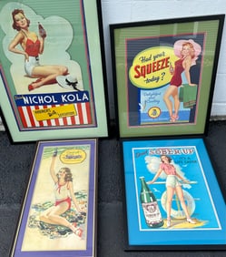 Four framed soda advertising signs, ca 1950’s, Nichol 27 x 38, Squeeze 22 x 29, NuGrape 16 x 29,