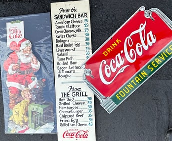 Three Coca Cola related advertising items - 1941 dated porcelain sign, 27 x 14, early sign board