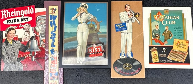 Five cardboard and paper adv items - RCA Record, Tommy Dorsey 8 x 20, Rheingold beer 13 x 18, Kist
