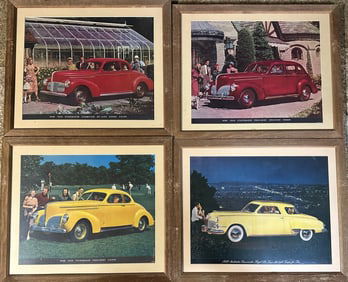Four Studebaker dealer posters, identical frames under glass, 1940 President coupe and sedan, 1940