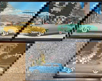 Five Studebaker dealer wall display images - three 1950 framed under glass, 24 x 19 each and two