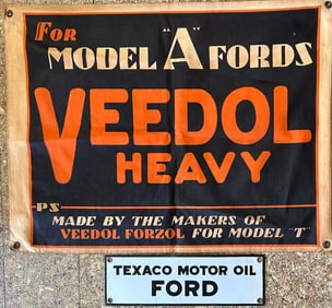 Two early Ford items - Texaco Ford Motor Oil porcelain, 14.5 x 4.5, Veedol Model A hanging banner,