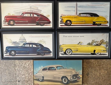 Five 1940’s era General Motors framed under glass dealer model illustrations - four Oldsmobile, 26