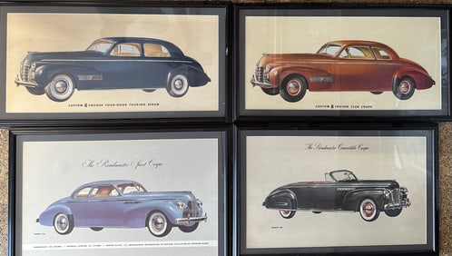 Two Buick and two Olds dealer illustrations framed under glass - 1940 and 1941 Buick 23 x 16 each