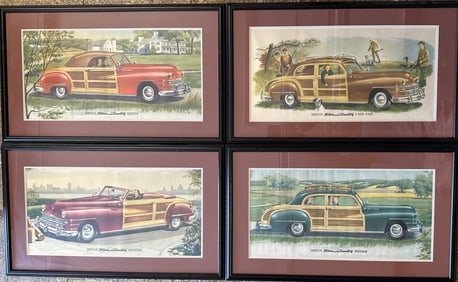 Four 1946-1948 Chrysler Town and Country color dealer images, framed under glass, 25 x 15 each, the