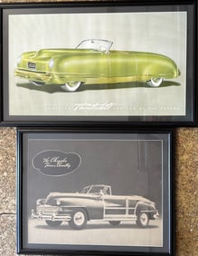 Two framed under glass dealer images - 1941 Chrysler Exp Thunderbolt, 26 x 14 and 1946-48 Chrysler