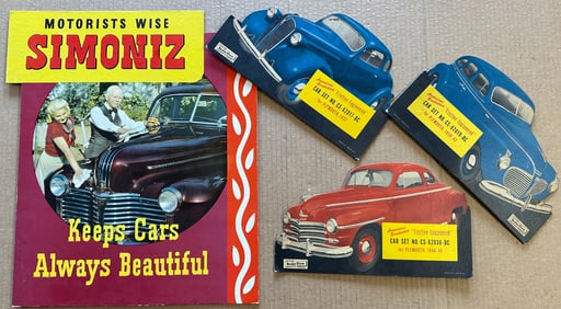 Four cardboard counter stand up heavy cards - three Simoniz, large 15 x 19, two smaller 12 x7,