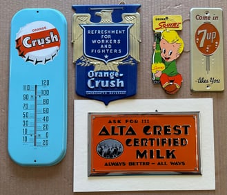 Five NOS advertising items - Orange Crush and 7 Up thermometers, 16 and 9 inches high, Certified