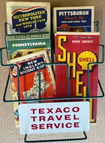 Gas station items - Texaco small map rack with maps, 11 x 9, ESSO trip planning kit, other misc