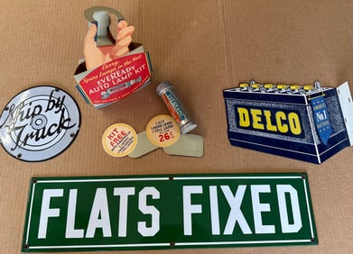 Four small adv signs - Flats Fixed porcelain, 24 x 6, Delco Battery 12 x 9, Ship by Truck porcelain,