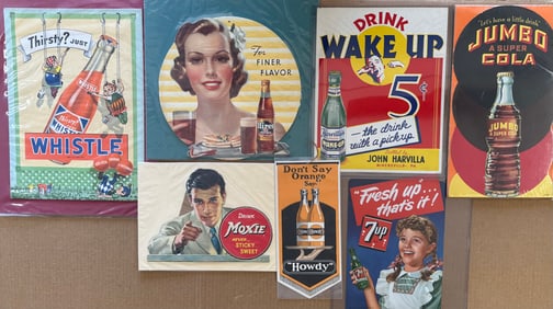 Seven soda stand up and hanging advertising cards, range in size from 11 x 16 to 5.5 x 11.5, ex cond