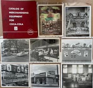 Misc Coca Cola items - hard cover embossed notebook cover, seventeen 8 x 10 photos, advertising