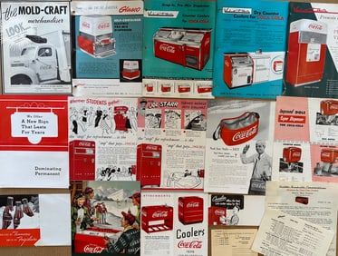Coca Cola coolers, refrigerated unit, store fixture catalogs, examples of many Coke items for retail