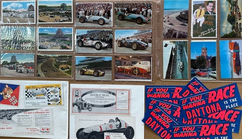 Racing related items - postcards, decals, blotters, repro metal sign, exc condition