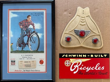 Bicycle related lot - 1953 Schwinn Black Phantom calendar, 12 x 6 metal sign, mud flap, NOS boxed