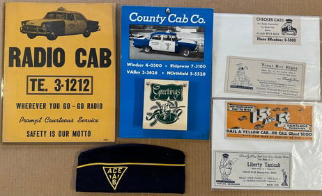 Taxi related items - Radio Cab calendar, 14 x 11, blotters, ash trays, badges, calendars etc, vg to