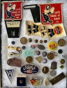 Ford collectible lot - two Let’s Take It Easy toppers, pins, buttons, medals, decals, etc Model T