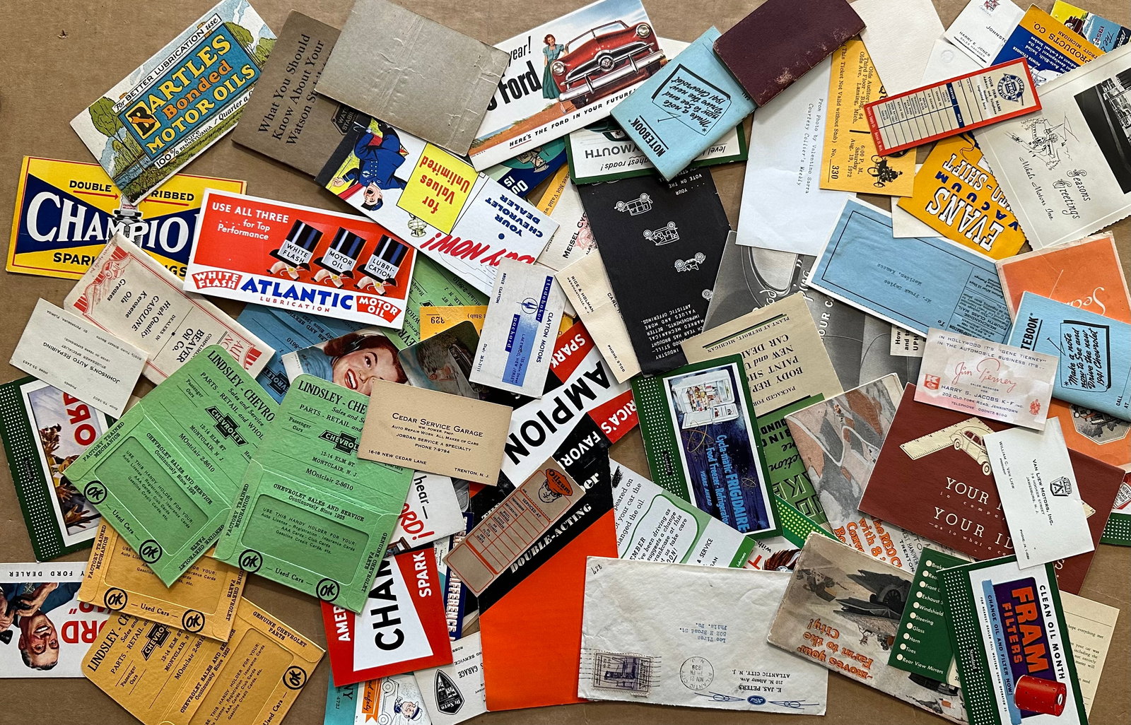 Auto related paper lot - cards, blotters, labels, stickers, etc - good vendors lot, vg to ex cond (1 of 3)