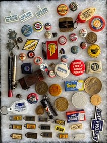 Auto related small item collection - pins, cards, blotters, brochures, medals, etc, good vendors