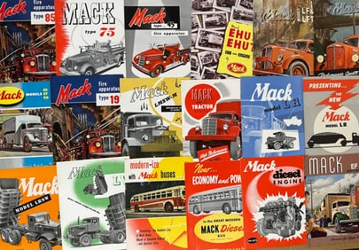 Mack truck and fire engine from the 1940’s, forty three brochures and nine single sheets, ex cond