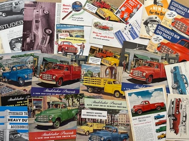 Studebaker truck brochures from late 1940’s - 1960’s, forty nine large, nine small, eight single