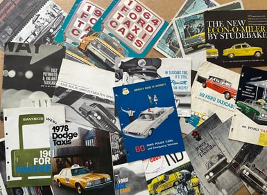 Taxi and police car brochures from 1950’s-1980’s, sixty total, gd to ex condition
