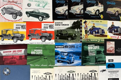 British sports car items from the late 1940’s- 1960’s, sixty brochures, ten single sheets, vg to
