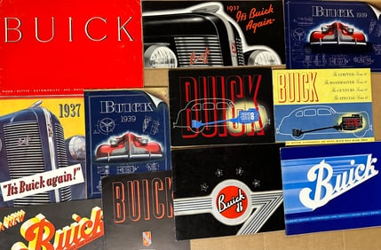 1934 - 1939 Buick, thirty brochures incl b&w 1934 seven plate portfolio, ten Buick Magazines, vg to