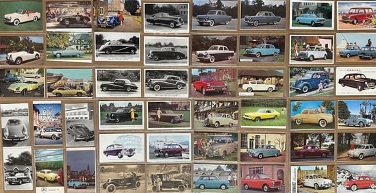 192 postcards of various imported cars, 1920’s-1960’s, ex cond