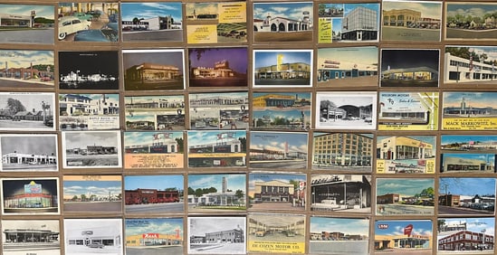 192 postcards - automobile dealers from 1940’s - 1950’s, ex cond