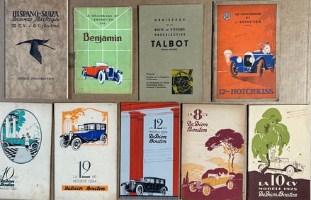Nine owners handbooks for 1920’s-1930’s Euro cars including 46 pg Hispano Suiza 30CV, Talbot pre