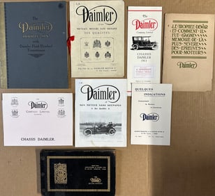 Diamler brochures from 1909 -1930s, eight total incl 1924, 9 x 5.5 sixty page hard cover, screw