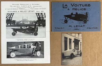 1921 Leyat Helice air powered car, three items, single sheet, small photo, 8.5 x 5.5, 24 pg catalog,