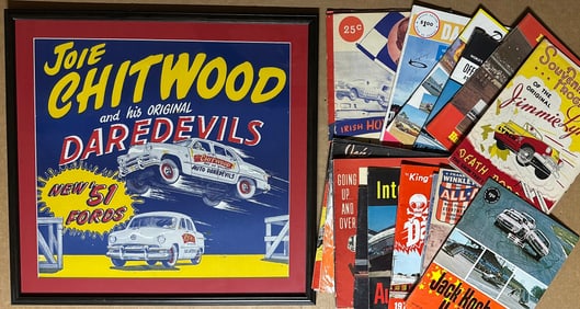 Framed Hell Drivers poster, 22 x 21 and twenty one related programs from the 1940’s to early