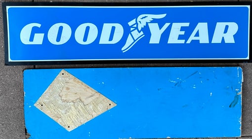 Two Goodyear Tire signs, applied letters on wood, possibly part of a indoor dealer display, 42 x 14,