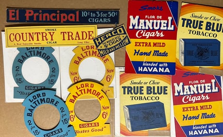 Cigar cardboard items for store displays, counters, hangings, etc, all appear to be NOS, includes