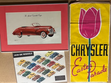 Auto related displays - 1940 Buick conv dealer, 26 x 17, 1934 era Chrysler banner, 15 x 31, 1957