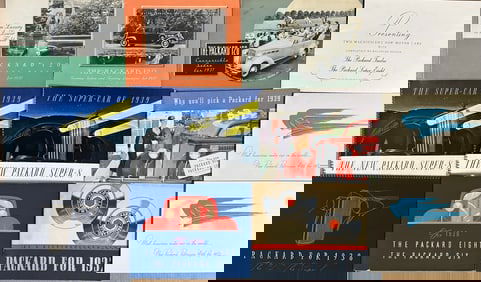 1937 - 1957 Packard brochures, twenty one total plus 1955 window decal, 40 inches long, vg to ex