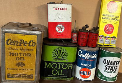 Collection of various size oil cans from small oiler to five gallons. all in original as found