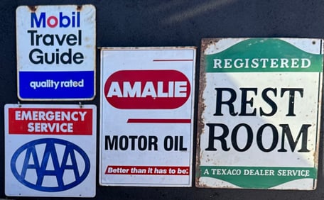 Four signs in various as found condition, each double sided - AAA 24 inches square, Amalie 24 x 36,