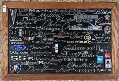 Heavy framed collection of auto scripts and badges, 1950’s-1970’s era, 36 x 24, vg condition
