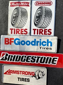 Five tire signs - Bridgestone, 14 x 72, B F Goodrich, 16 x 60, Armstrong Rhino, 14 x 48, two others