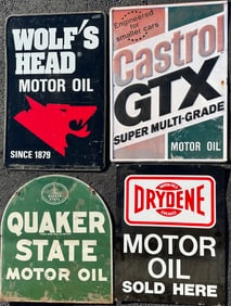 Four signs - Drydene, 24 x 30, Castrol, 25 x 35, Quaker State, 26 x 28, Wolfs Head, 24 x 36, in as