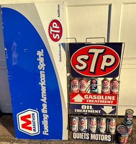 STP products display rack and contents, 20 x 46, Marathon gas sign with STP logo, 17 x 32, in as