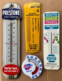 Four garage thermometers, largest Prestone is 36 inches long, good presentable condition