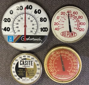 Four round garage thermometers, vg presentable condition