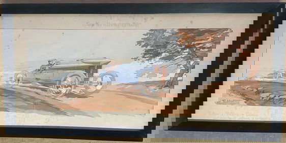 Hand colored Fench Mountaut print, ca 1908, three cars at speed in Coupe des Voiturettes race, 36 x